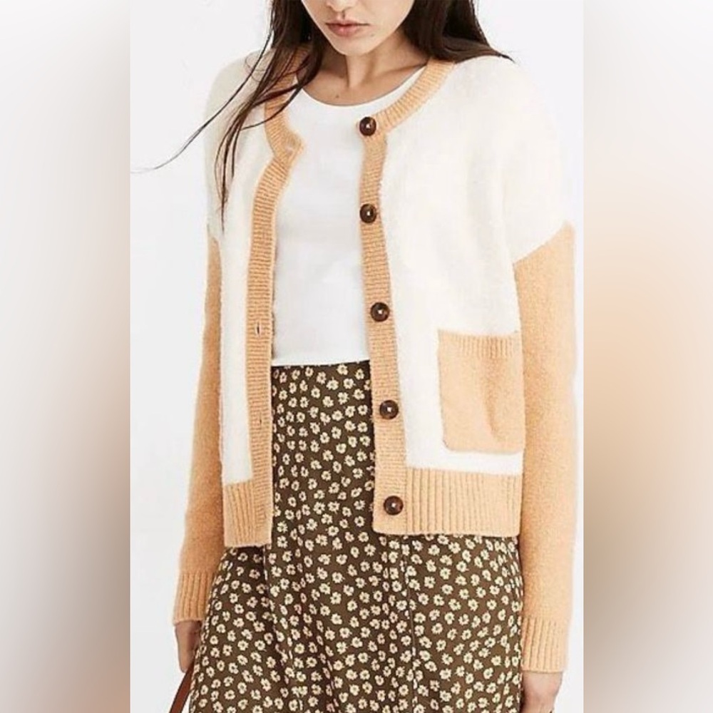 Madewell Colorblock Colburn Cream and Tan Cardigan Sweater Sz XS